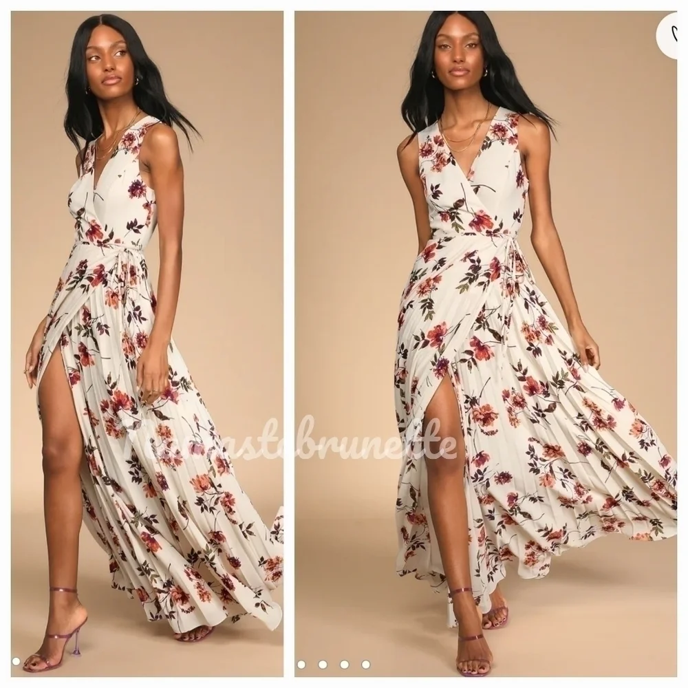 Nwt Lulu's Small Boho Ivory Multi Floral Print Pleated Wrap Maxi Dress - Picture 4 of 16